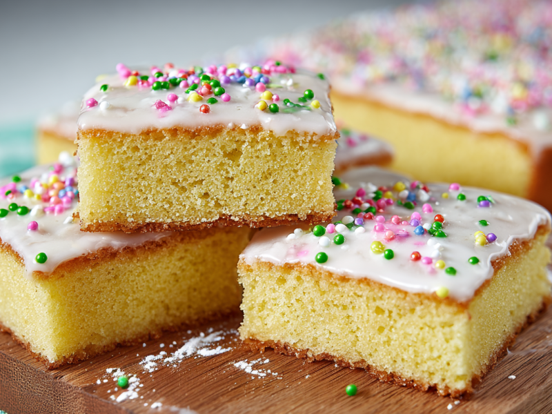 Several pieces of Sprite cake on a wooden board, with the rest of the cake in the background.