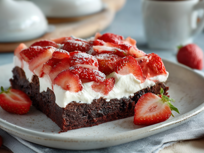 A piece of strawberry brownie cake on a gray plate. A few strawberries are scattered around it. In the background you can see small serving bells and a cup.