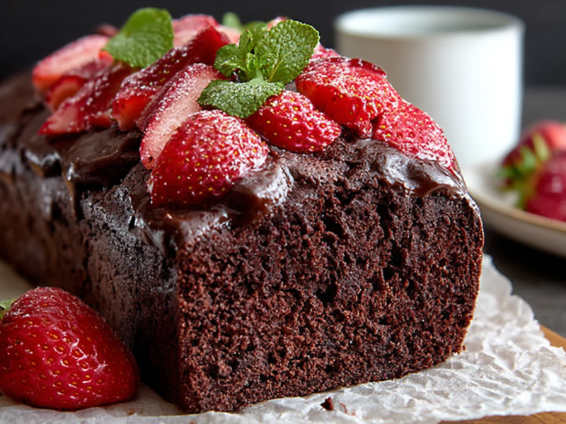 Strawberry chocolate loaf cake, garnished with strawberries and mint leaves.