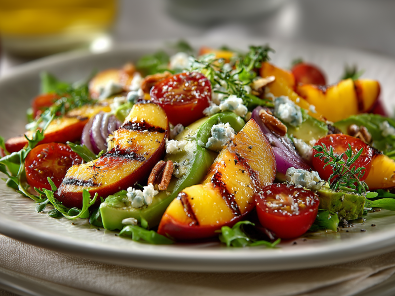 A summer salad with grilled peaches on a ceramic plate. The plate is on a kitchen towel. In the background you can see another peach and a bottle of oil.