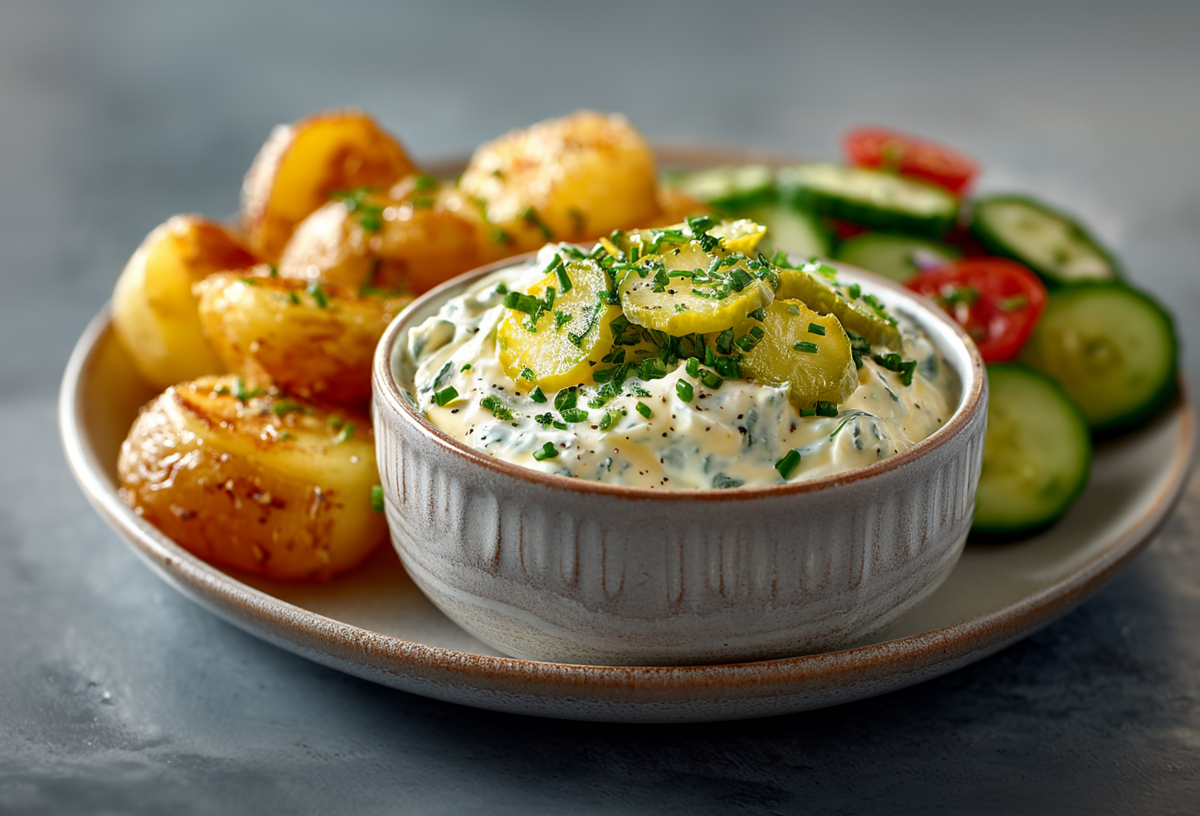 A plate with a bowl of sweet gherkin pickle dip, potatoes, and salad.