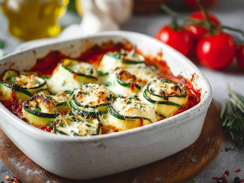 Zucchini cannelloni in tomato sauce in a baking dish